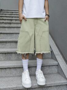 Manfinity Roghcode 男士时尚宽腿牛仔短裤，带磨边设计，外出纯色 Jorts 薄荷绿色超大牛仔短裤，适合丈夫、男朋友的礼物