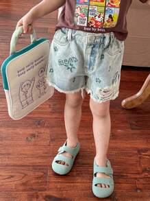 SHEIN Girls' Light Washed Blue Denim Shorts With Embroidery And Frayed Hem - Light Wash - View 1