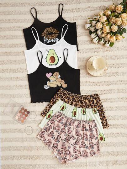 SweetSlumber Conjunto de pijama de 3 piezas para mujer con estampado de dibujos animados, camiseta sin mangas y pantalones cortos