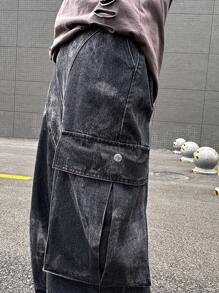 Manfinity Roghcode Y2K復古街頭風格男款黑牛仔工裝寬鬆牛仔褲 - 黑色 - 查看 7