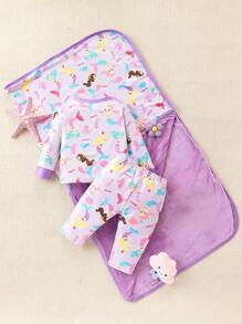 SHEIN Setelan Atasan Lengan Panjang dan Celana Motif Putri Duyung untuk Bayi Perempuan dengan Selendang, Gaya Sederhana, Pakaian Rumahan - Purple - View 2