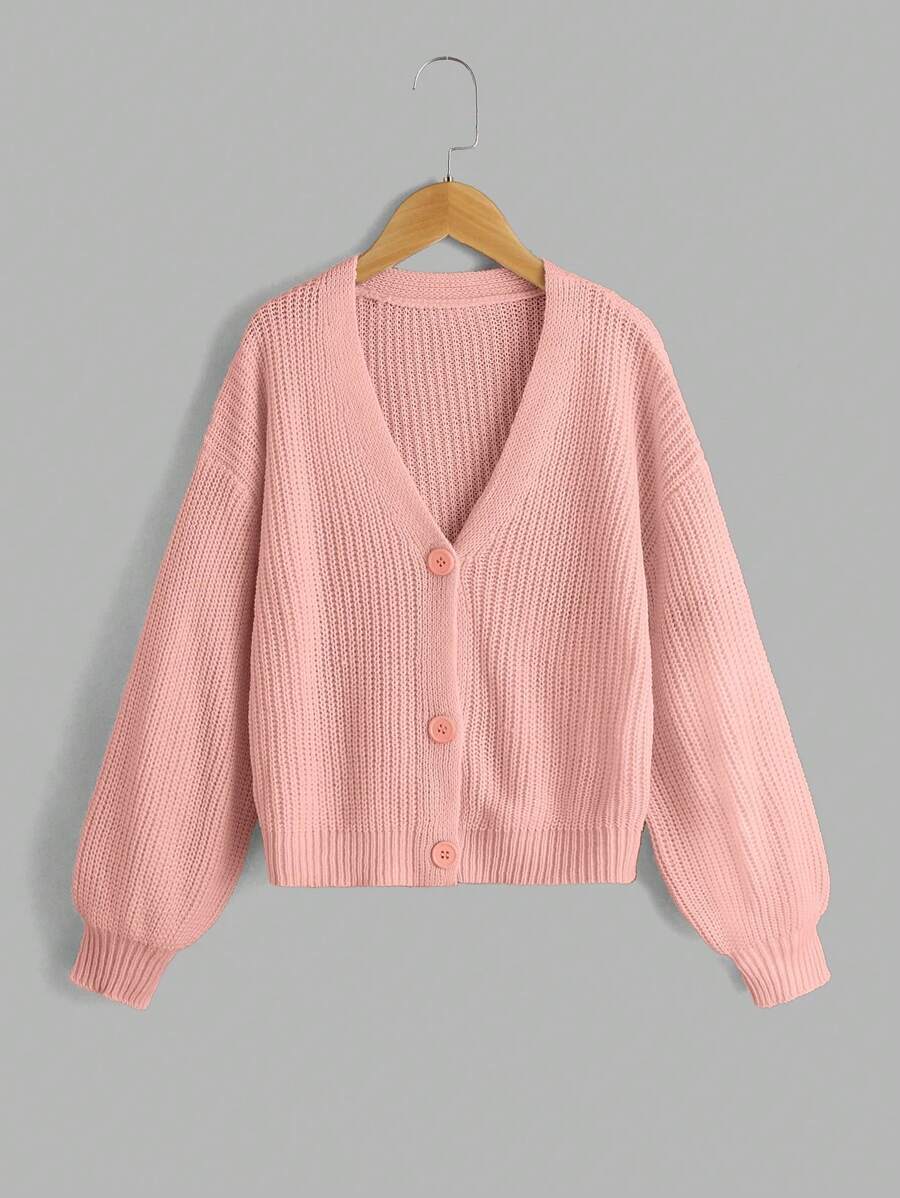 SHEIN Chaqueta con cuello en V de unicolor, de manga larga y con botones para niñas preadolescentes, de uso casual diario en otoño/invierno - Rosa - Ver 1