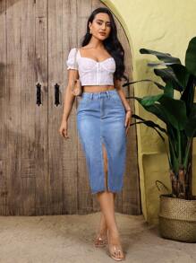 Váy ngắn denim có viền sờn gợi cảm dành cho nữ - Rửa nhẹ - Xem 5