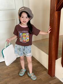 SHEIN Girls' Light Washed Blue Denim Shorts With Embroidery And Frayed Hem - Light Wash - View 7