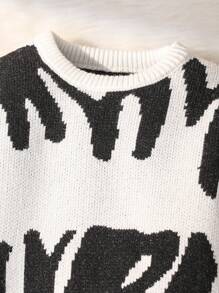 SHEIN 嬰兒男/女黑白拼色圓領下肩拼字繡花套頭衫，實色褲子和毛衣3件套裝 - 黑與白 - 查看 6