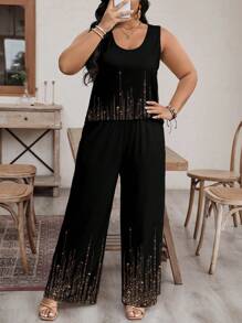 EMERY ROSE Áo ba lỗ không tay thông thường mùa hè & Quần dài Slim Fit nữ Plus Size Họa tiết sequin 2 cái/bộ - trái cam - Xem 4