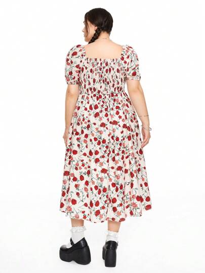 Kawaii Vestido largo con abertura y cintura entallada con estampado floral rústico de rosa de verano para mujeres de talla grande