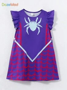 SHEIN Camisón de niñas con estampado de araña de manga corta, vestido para dormir cómodo y lindo con estilo de princesa, ropa de estar en casa acogedora para niñas jóvenes - Morado - Ver 1