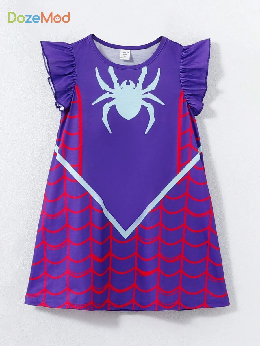 SHEIN Camisón de niñas con estampado de araña de manga corta, vestido para dormir cómodo y lindo con estilo de princesa, ropa de estar en casa acogedora para niñas jóvenes - Morado - Ver 1