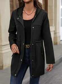 Ellegaria. Spring And Autumn Casual Drawstring Waist Workwear Hooded Jacket Fall Winter Cloth For Women - Black - View 3