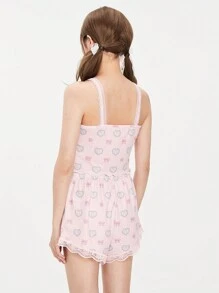 ROMWE Kawaii 女性舒適可愛兔骨花紋睡衣套裝，蝴蝶結設計和全蕾絲邊飾 - 彩色 - 查看 3