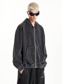 Manfinity RebelGame Sweat-shirt à capuche avec fermeture éclair pour homme, Streetwear tricoté avec Logo de flocon de neige imprimé, surdimensionné, épaules tombantes, pour automne/hiver - Noir - Voir 1