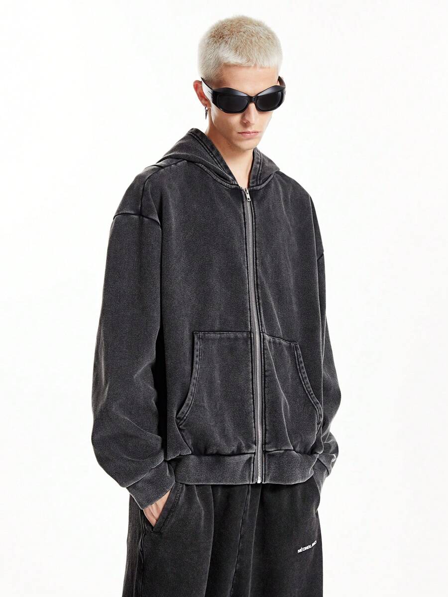 Manfinity RebelGame Sweat-shirt à capuche avec fermeture éclair pour homme, Streetwear tricoté avec Logo de flocon de neige imprimé, surdimensionné, épaules tombantes, pour automne/hiver - Noir - Voir 1