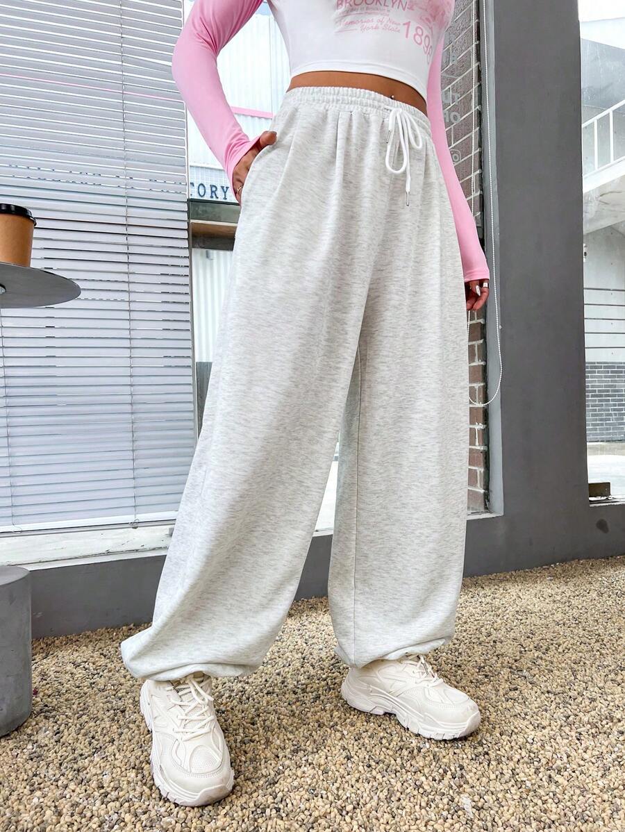 Flirla Solid Drawstring Waist Slant Pocket Sweatpants Graduation,Back To School Outfits,Graduation,Teacher Outfits For Women,Back To School - Light Grey - View 1