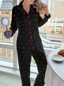 CottageSlumber Women's Cherry Printed Long Sleeve Top & Pants Pajama Set With Contrast Collar Top & Long Pants, Fall Winter Clothes - Black - View 3