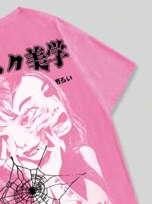 ROMWE MEN Grunge Punk 男士动漫图案印花短袖 T 恤，适合春夏季日常穿着 - 粉色 - 查看 4