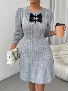 Chiquease Women's Round Neck Bowknot Long Sleeve Solid Color Simple Elegant Fashion Charm Sweater Dress Fall Cloth For Women - Grey - View 3