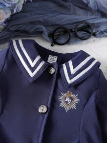 Baby Girl Spring/Autumn Casual Heart Embroidery Color Block Stripe College Style Jacket - Navy Blue - View 3