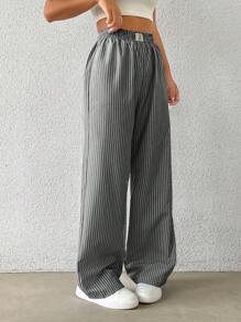 Flirla Casual Striped Patch Details Loose Fit Straight Leg Trousers Fall Cloth For Women - Black - View 4