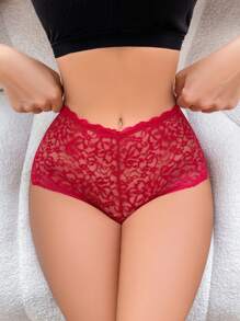 女士實色蕾絲三角褲，1入組 - 紅色 - 查看 3