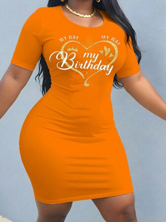 Inoviana Plus size kvinnors sommartight-fitting klänning med slogan hjärttryck och rund halsringning, kort ärm Maxi dam outfit