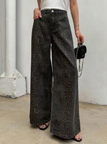 DAZY 女式豹紋寬腿休閒牛仔褲，附有口袋 - 卡其色 - 查看 7