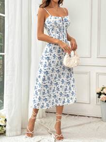 Pariaura 花朵全印花細肩帶裙，前扣帶，後拉鍊及褶紋細節，長及踝，適合休閒假日 - 白色 - 查看 4