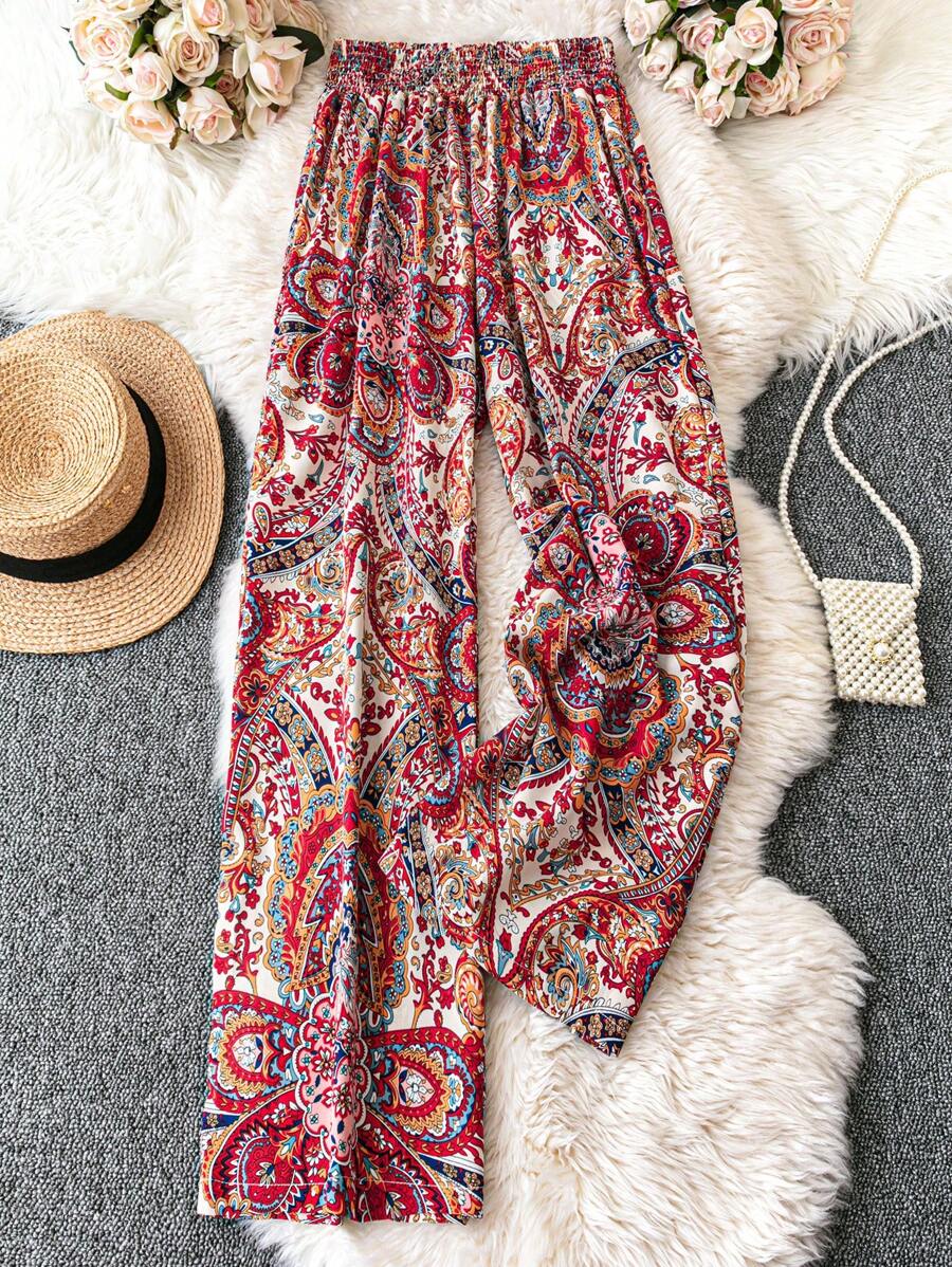 SHEIN Holidaya 大码满版印花阔腿休闲海滩度假裤 - 彩色 - 查看 1