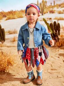 SHEIN 2pcs Baby Girls' Autumn Western Cowgirl Style Denim Outfits, Cool & Cute Daily Casual Set