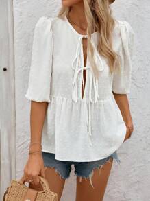SHEIN LUNE Women's Casual & Stylish Half Placket Bow Knot Bubble Sleeves Sweet Rural Blouse