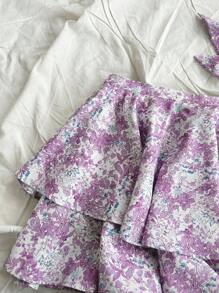 Soleia 女士复古紫色碎花泡泡袖后系蝴蝶结短款上衣和裙子套装，派对/度假休闲装 - 彩色 - 查看 7