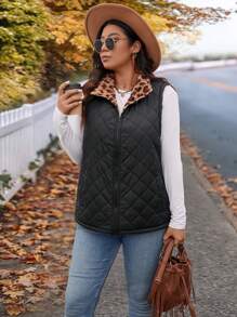 SHEIN VCAY Plus Size Leopard Print Warm Fleece Padded Vest Jacket For Holiday - Multicolor - View 3