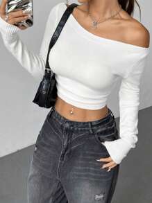 SHEIN Unity Women's Minimalist Casual Solid Color Asymmetrical Shoulder Long Sleeve Sweater,Long Sleeve Tops, Knit Pullover Fall Winter - White - View 3