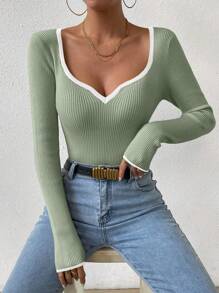 Zielony 春秋休闲撞色修身毛衣，领口饰有水钻，长袖上衣，针织套头衫，秋冬款 - 薄荷綠 - 查看 5