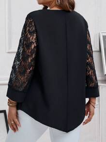 EMERY ROSE 女式加大码黑色蕾丝拼布镂空 V 领长袖秋季上衣