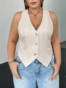 SHEIN CURVE+ 大尺碼釦前馬甲 - 杏色 - 查看 5