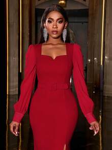 Faeriesty Square Collar Split Thigh Mermaid Hem Belted Formal Dress - Red - View 6