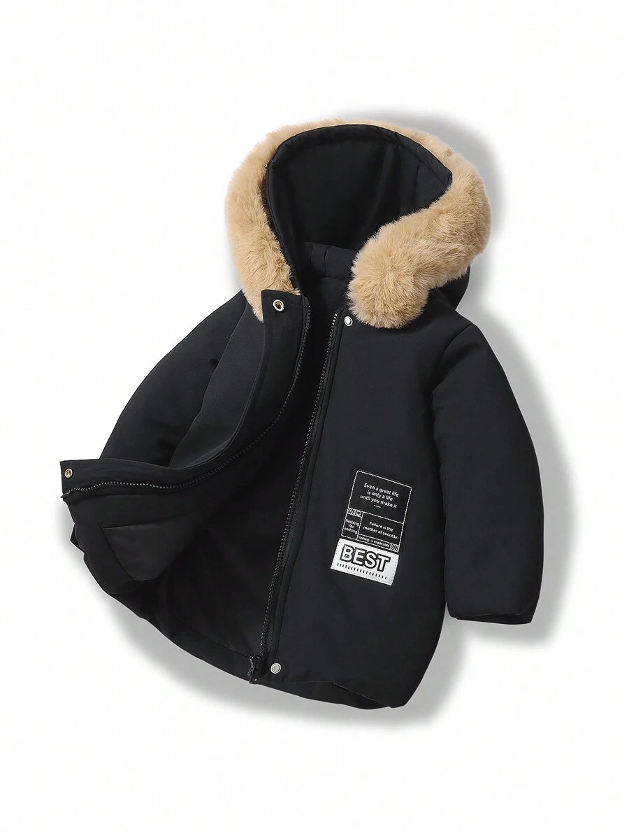 Baby Boys' Black Winter Warm Thick Padded Coat,Modest Club Long Style Casual Daily All-Match Outing Jacket With Detachable Fur Collar - Black - View 1