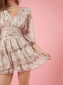 Enchnt 女裝短款花卉印花V領提花袖褶皺腰帶裙，春夏款 - 杏色 - 查看 6