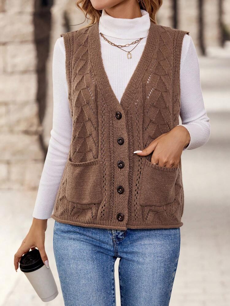 Women's V-Neck Single Breasted Pocketed Sleeveless Textured Loose Fit Sweater Vest For Daily Casual Wear In Fall/Winter