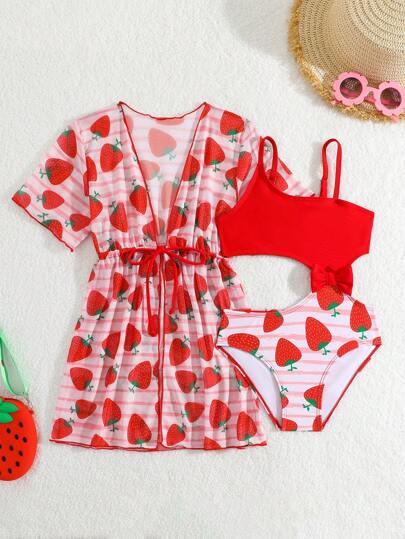 2 piezas Conjunto: Traje de baño de una pieza con lazo calado con estampado de fresas y cárdigan de protección UV para niñas jóvenes