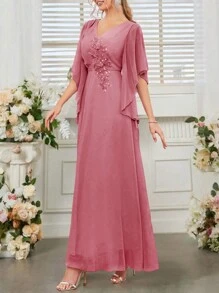 SHEIN Belle Váy cưới nữ cổ chữ V lãng mạn và thanh lịch với đính hoa và tay áo xù - Màu Hồng baby - Xem 3