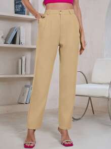 GENKIRA Quần tây ống côn màu trơn thông thường dành cho nữ - Màu Khaki - Xem 1