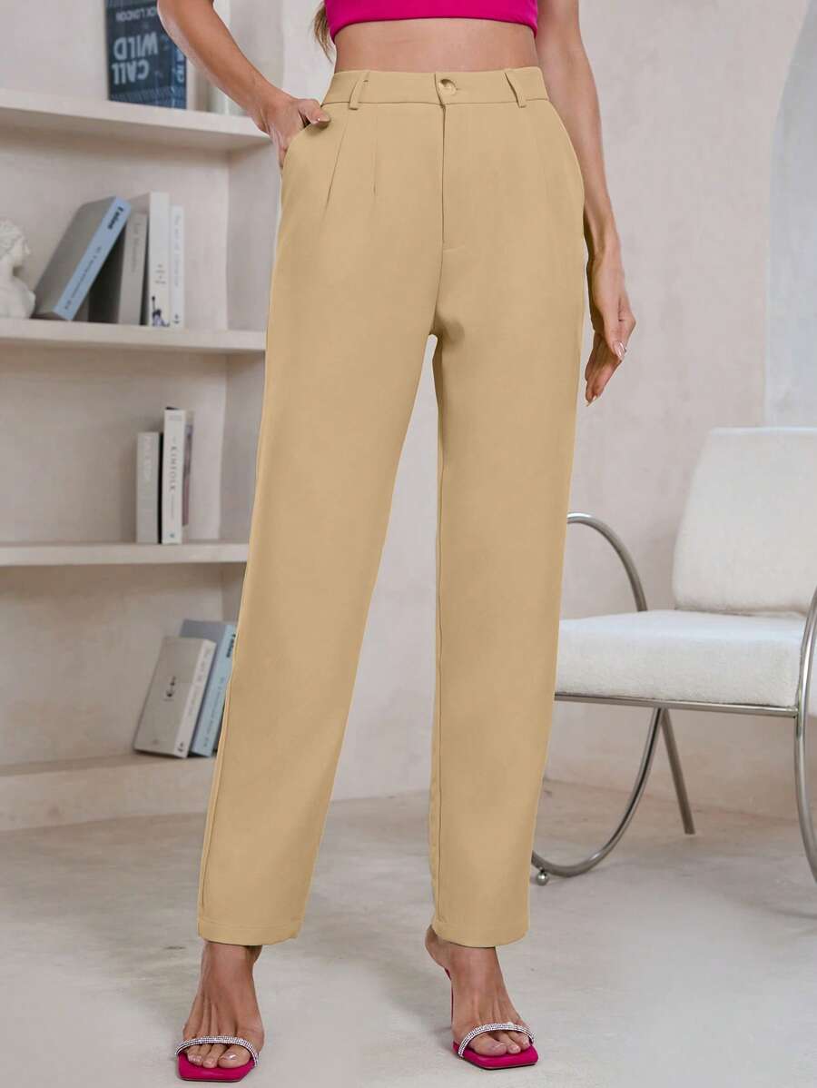 GENKIRA Quần tây ống côn màu trơn thông thường dành cho nữ - Màu Khaki - Xem 1