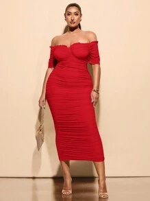 SHEIN BAE 大码女式夏季弹力网纱单肩褶皱中长连衣裙，女士生日礼服，优雅派对连衣裙