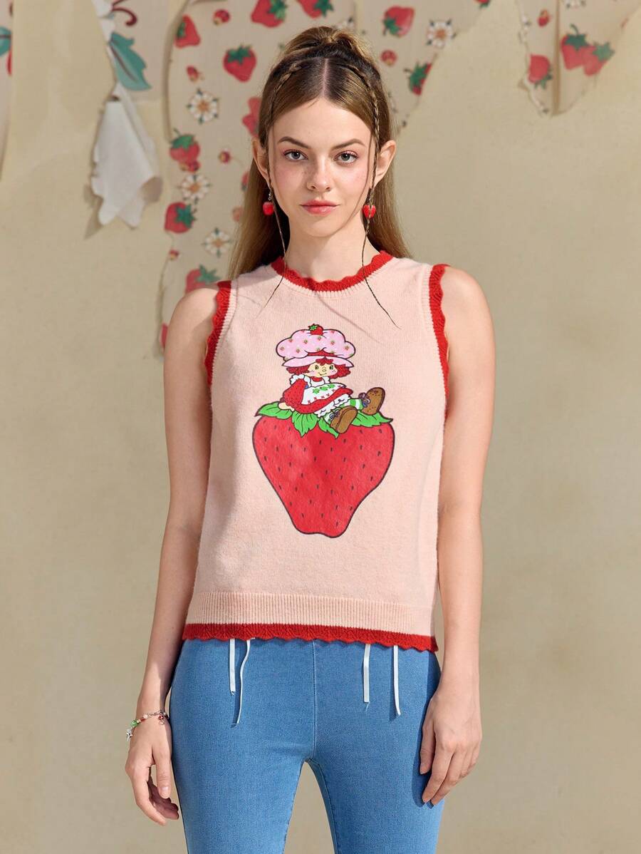Strawberry Shortcake X SHEIN Women's Cartoon And Strawberry Printed Ringer Sweater Vest - Pink - View 1