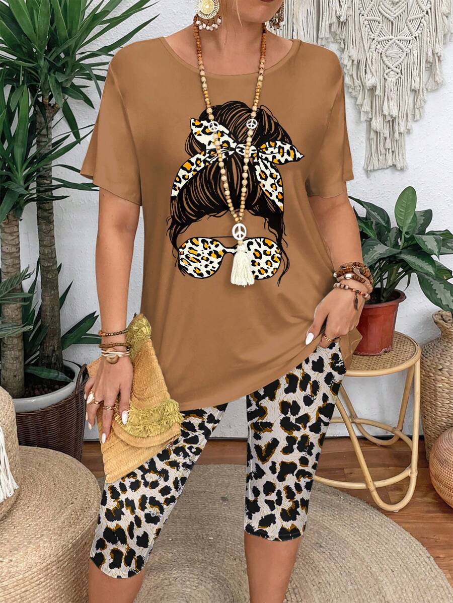 夏季太陽眼鏡印花圓領短袖T恤和打底褲2件套加大尺碼女裝套裝，休閑風格 - 摩卡棕 - 查看 1