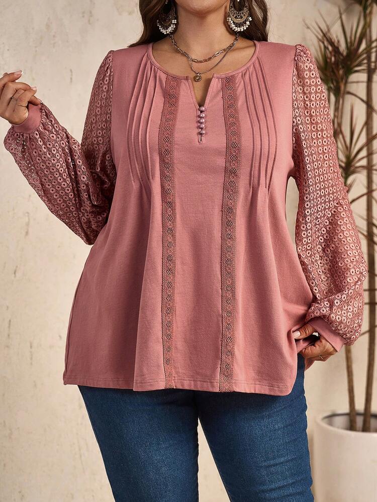 Plus Size Women's Spring/Summer Loose Fit Lace Splice Notched V-Neck Long Sleeve T-Shirt