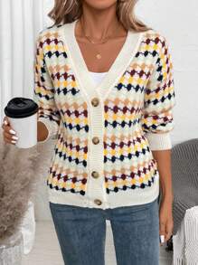 SHEIN LUNE Women's Colorful Minimalist Daily Buttoned Long Sleeve Cardigan - Multicolor - View 1