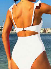 Swim Vcay Women's Solid Color Lace Shoulder Strap Hollow Out Simple One-Piece Bra (With Underwire And Steel Support) Summer - White - View 2